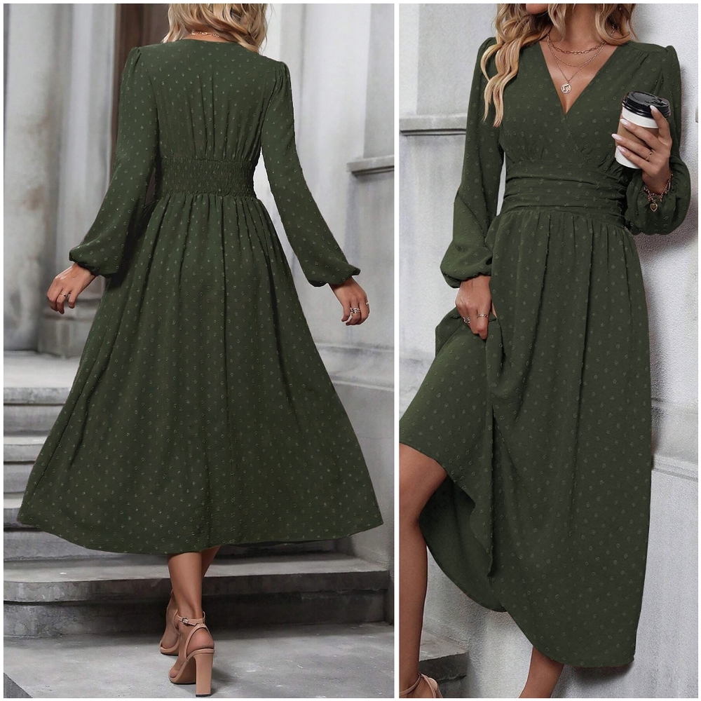NWT Liotxecd Green Swiss Dot V Long Lanturn Sleeve Prairie Boho Maxi Dress L - Picture 3 of 12